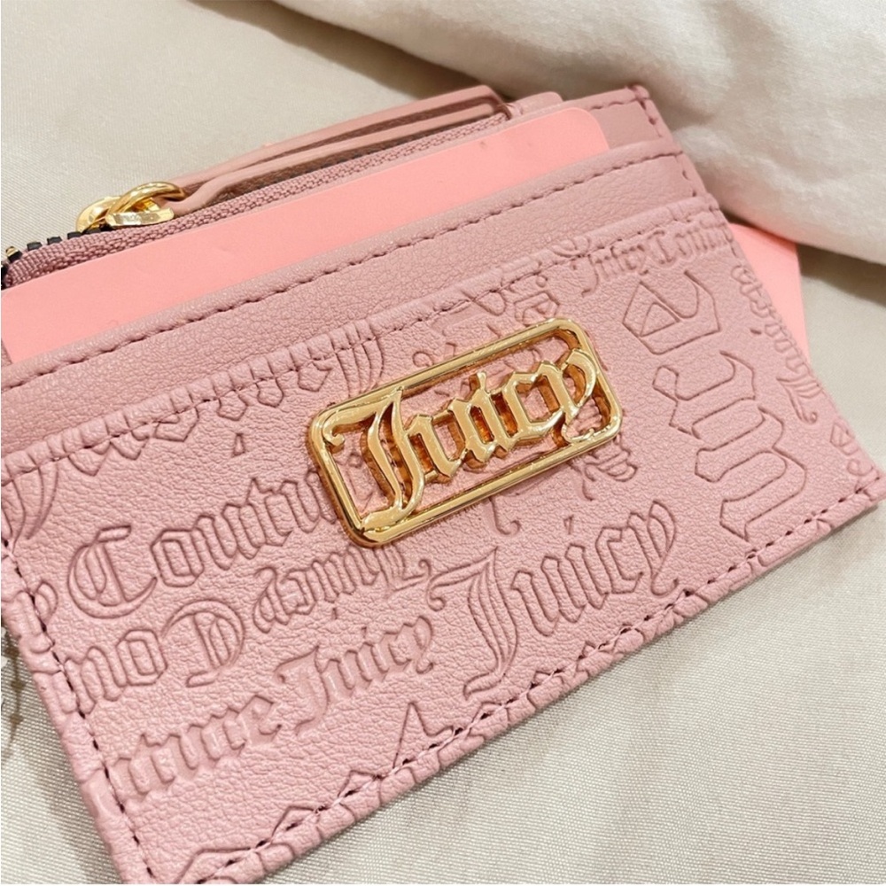 NEW Juicy Couture Pink Embossed Logo Card Case Wallet Heart Keychain